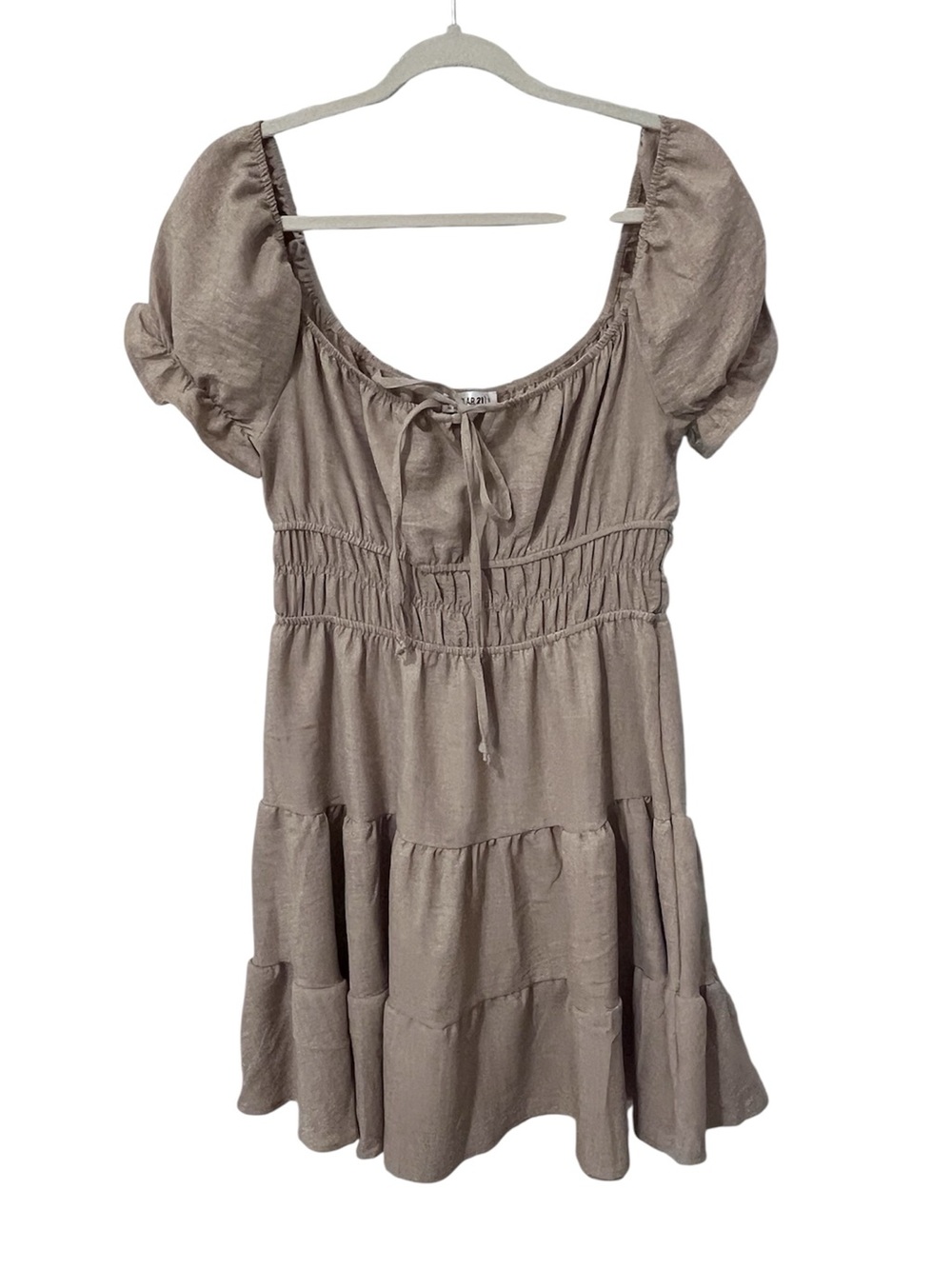 Popular 21 Khaki Tan Puff-Sleeve Tiered Mini Dress Size Large - Picture 5 of 5